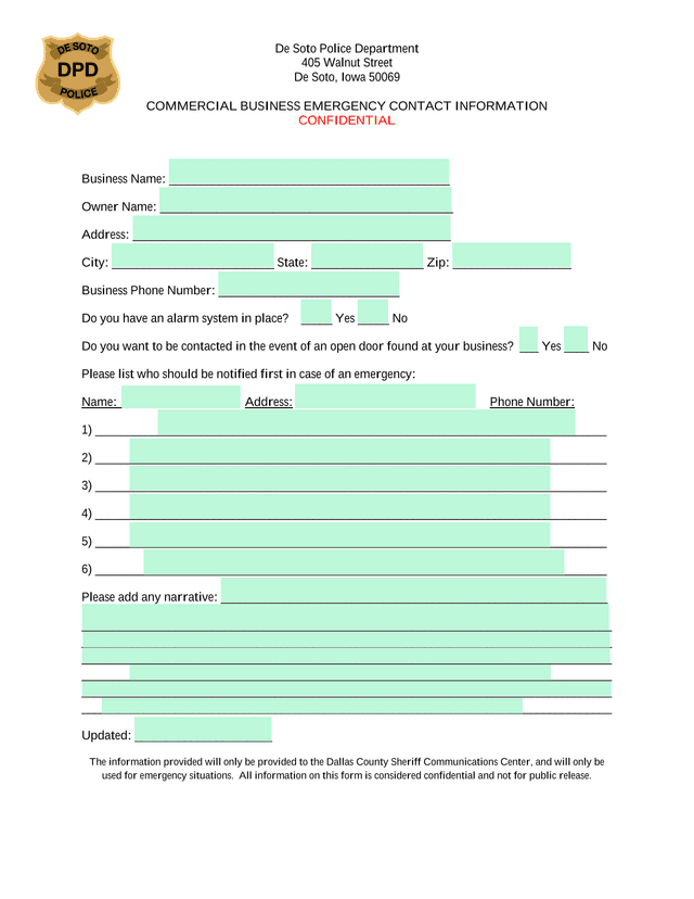 Commercial Business Emergency Contact Information screenshot