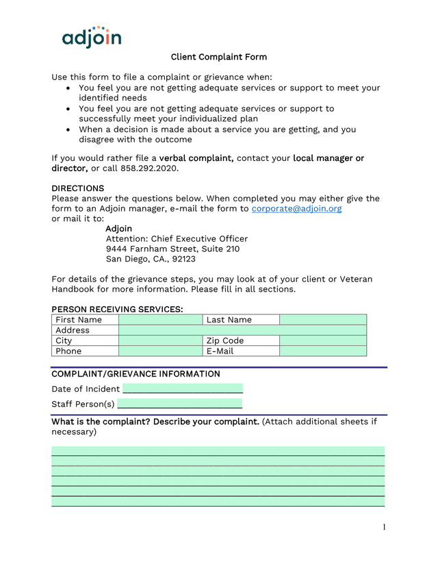 Client Complaint Form screenshot
