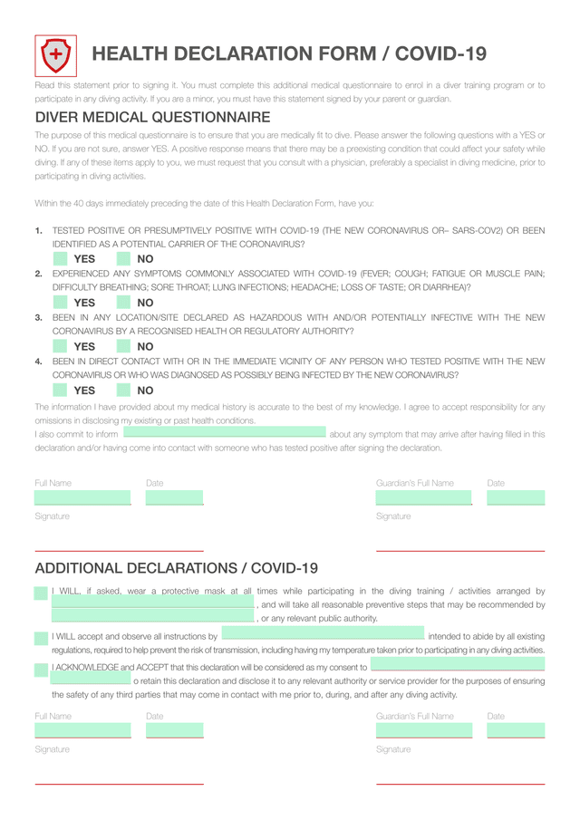 Diver Medical Questionnaire   Additional Declarations  COVID 19 screenshot