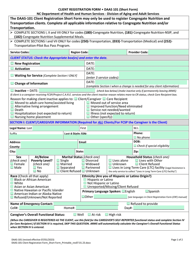 Client Registration Form  DAAS 101 (Short Form) screenshot