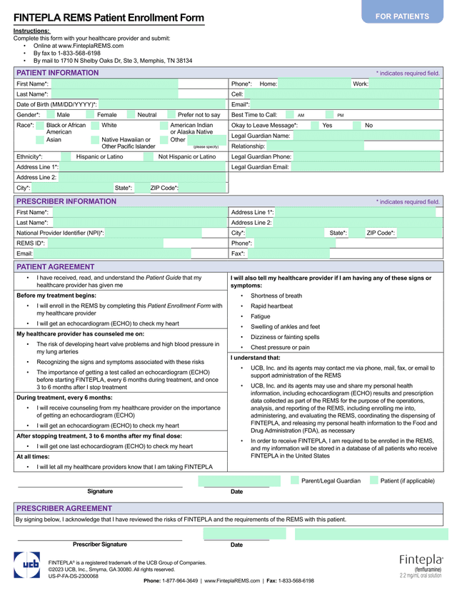 FINTEPLA REMS Patient Enrollment Form screenshot