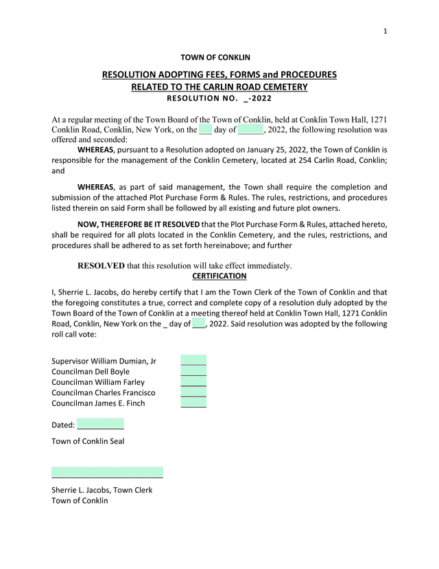 Resolution Adopting Fees, Forms And Procedures Related To The Carlin Road Cemetery screenshot