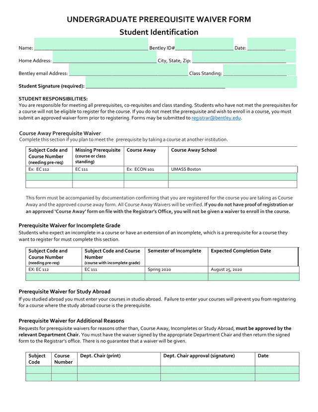 Undergraduate Prerequisite Waiver Form screenshot