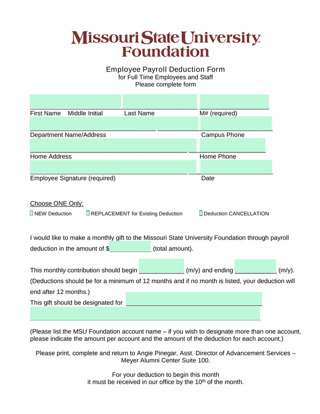 Employee Payroll Deduction Form For Full Time Employees And Staff screenshot