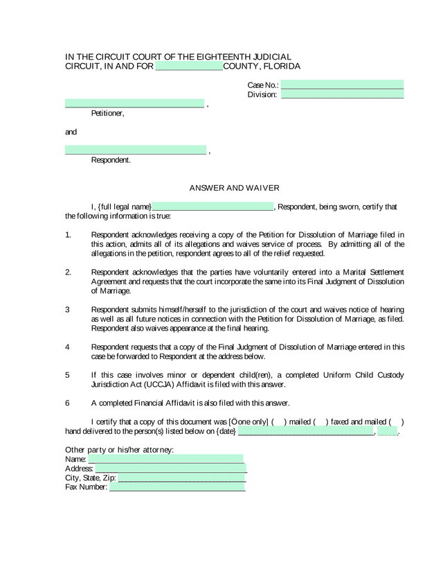 Answer And Waiver screenshot
