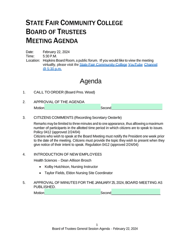 Board Of Trustees General Session Agenda screenshot