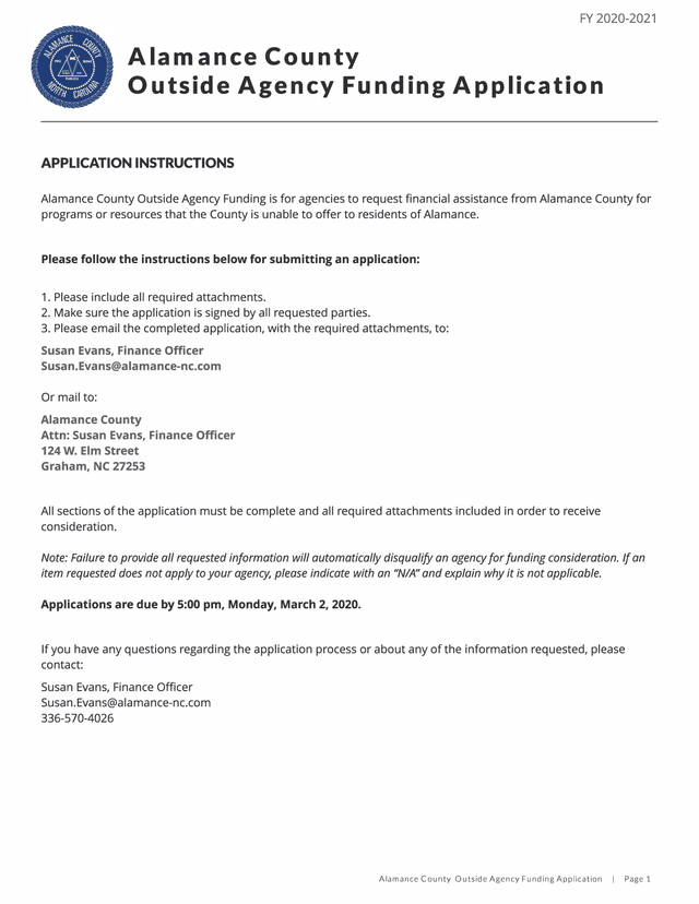 FY 2020 2021 Alamance County Outside Agency Funding Application screenshot