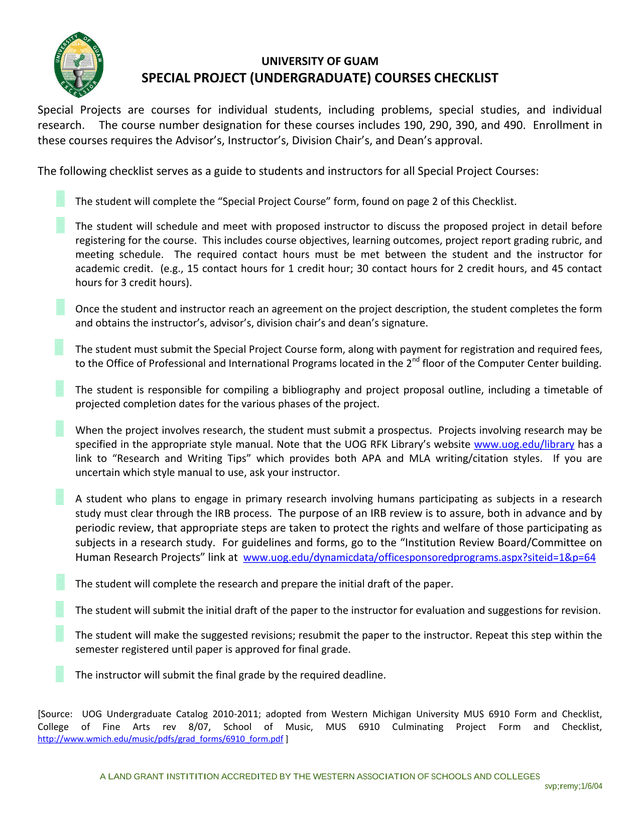 UNIVERSITY OF GUAM SPECIAL PROJECT (UNDERGRADUATE) COURSES CHECKLIST screenshot