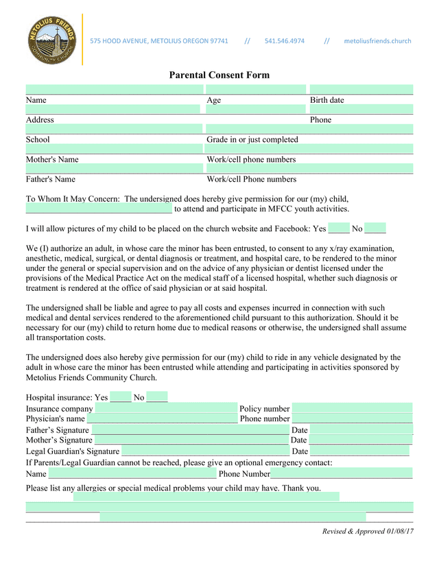 Parental Consent Form screenshot