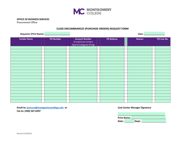 Close Encumbrances (Purchase Orders) Request Form screenshot