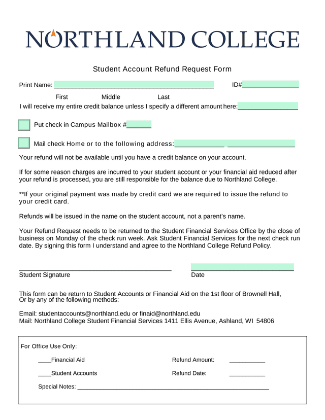 Student Account Refund Request Form screenshot