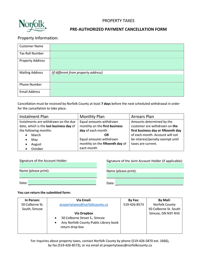 PROPERTY TAXES PRE AUTHORIZED PAYMENT CANCELLATION FORM screenshot