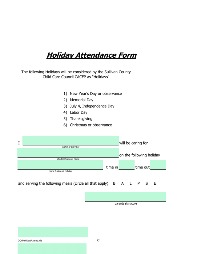 Holiday Attendance Form screenshot
