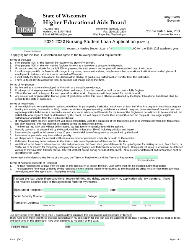 2021 2022 Nursing Student Loan Application (Form 1) screenshot