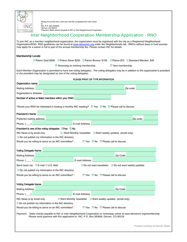Inter Neighborhood Cooperation Membership Application   RNO screenshot