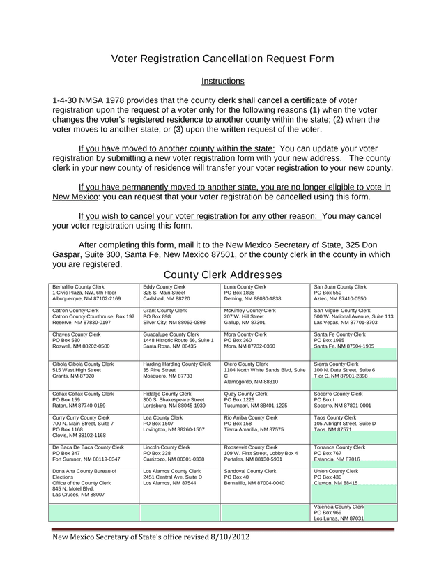 Voter Registration Cancellation Request Form screenshot