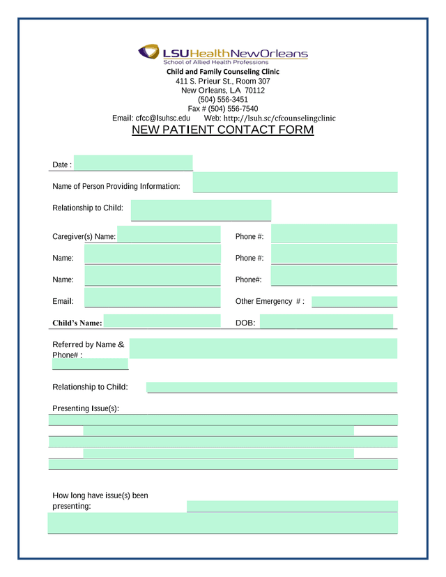 NEW PATIENT CONTACT FORM screenshot