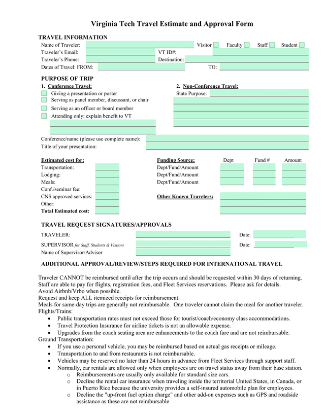 Virginia Tech Travel Estimate And Approval Form screenshot