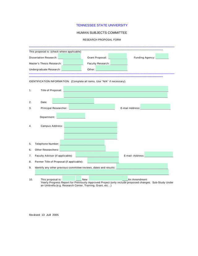 Tennessee State University Human Subjects Committee Research Proposal Form screenshot