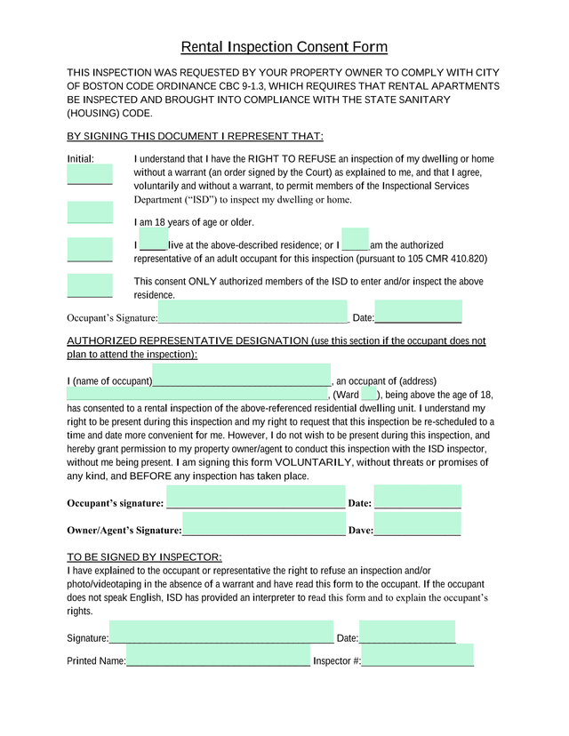 Rental Inspection Consent Form screenshot