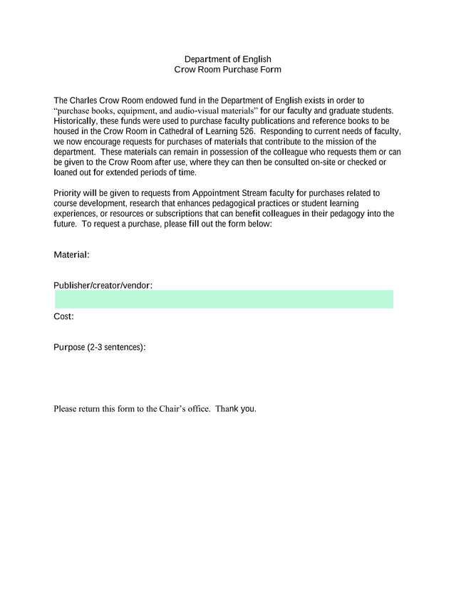 Crow Room Purchase Form screenshot