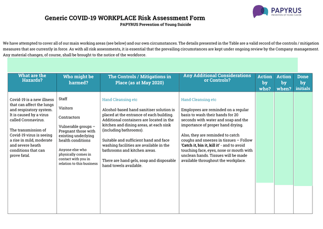 Generic COVID 19 WORKPLACE Risk Assessment Form screenshot