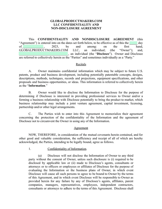 GLOBALPRODUCTMAKERS.COM LLC CONFIDENTIALITY AND NON DISCLOSURE AGREEMENT screenshot