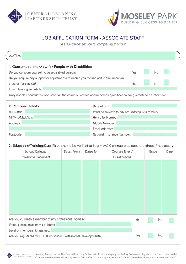 JOB APPLICATION FORM   ASSOCIATE STAFF screenshot