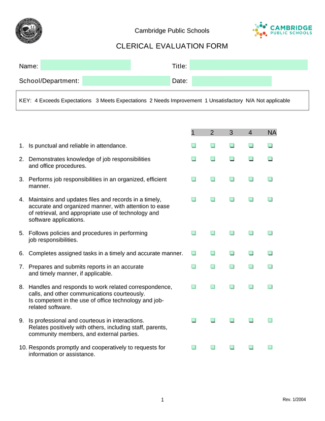 Clerical Evaluation Form screenshot