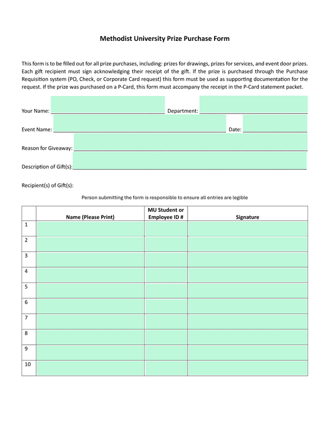 Methodist University Prize Purchase Form screenshot