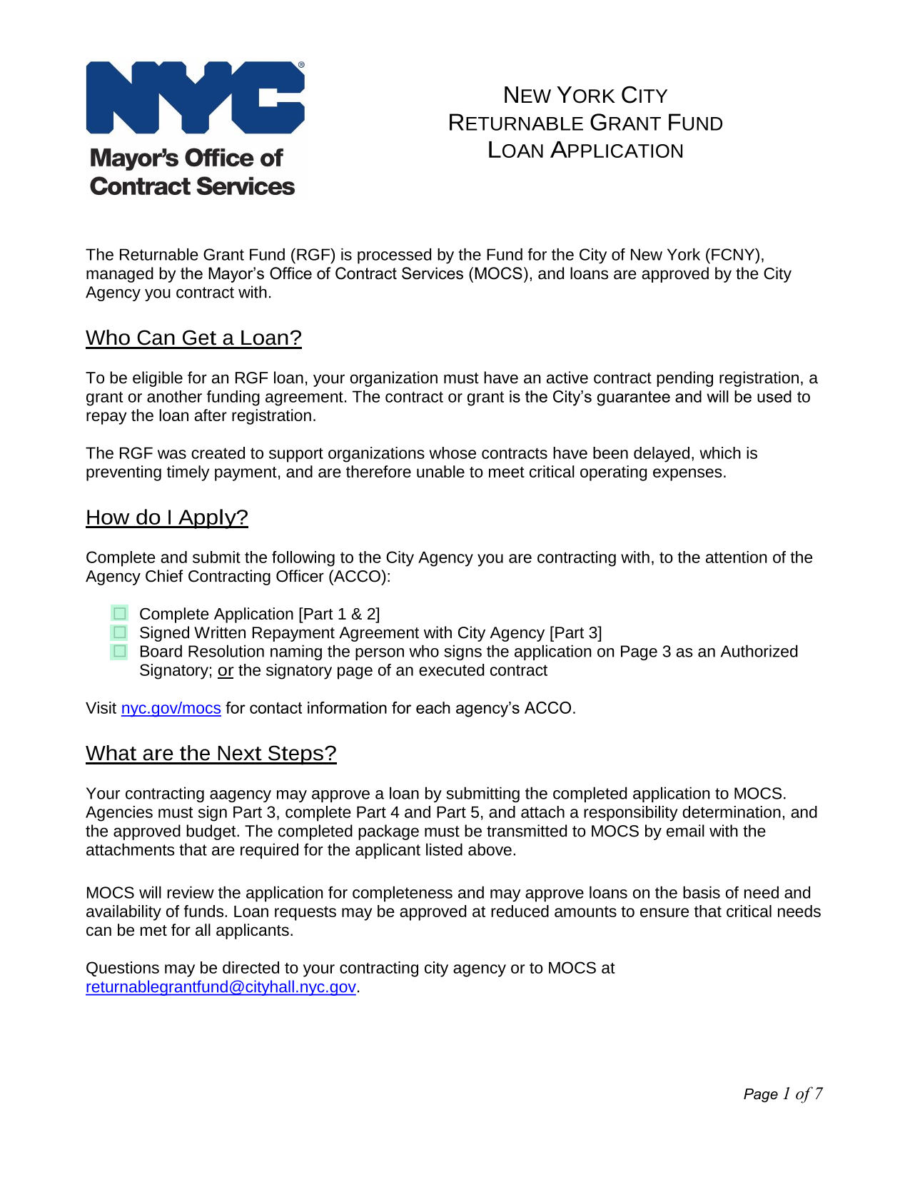 NEW YORK CITY RETURNABLE GRANT FUND LOAN APPLICATION screenshot