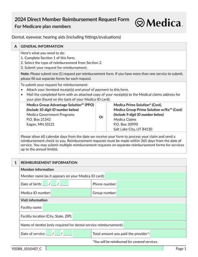 2024 Direct Member Reimbursement Request Form screenshot