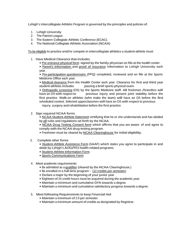 Lehigh University Athletic Eligibility Requirements screenshot