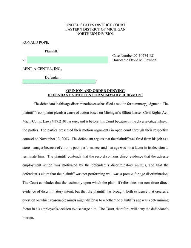 United States District Court Opinion   Pope V. Rent A Center, Inc. screenshot