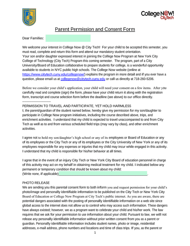 Parent Permission And Consent Form screenshot