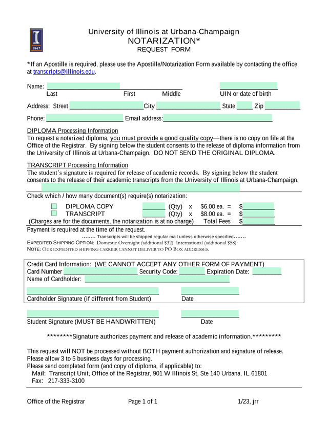 University Of Illinois At Urbana Champaign Notarization Request Form screenshot