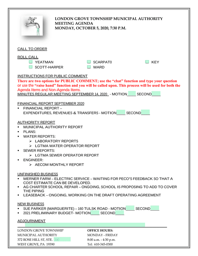London Grove Township Municipal Authority Meeting Agenda screenshot