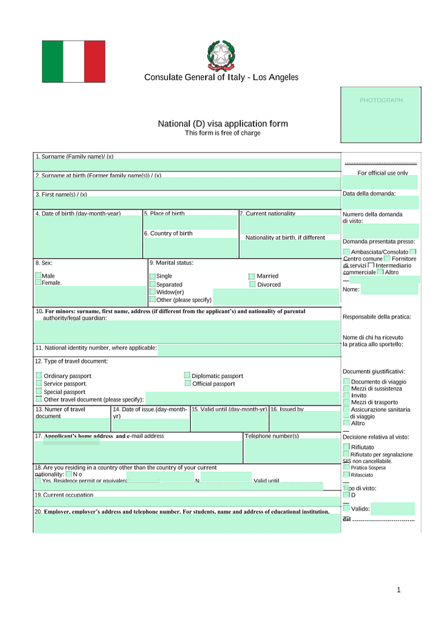 National (D) Visa Application Form screenshot