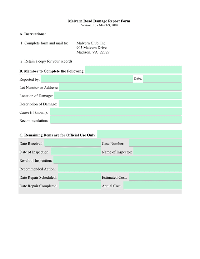Malvern Road Damage Report Form screenshot