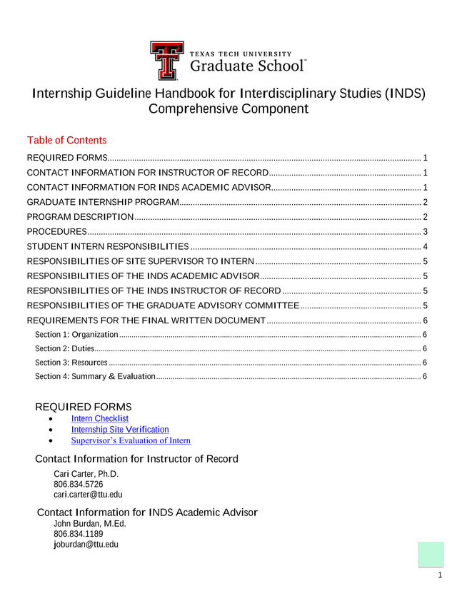 Internship Guideline Handbook For Interdisciplinary Studies (INDS) Comprehensive Component screenshot