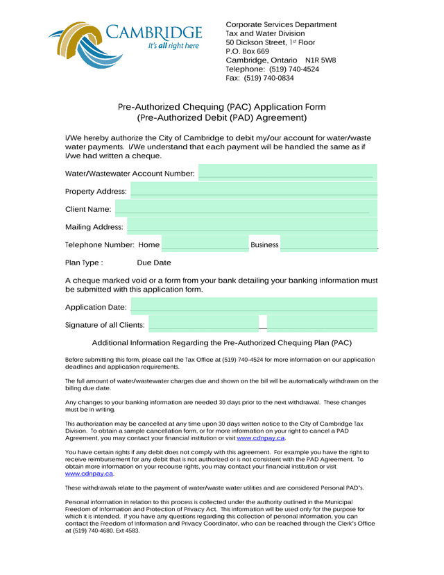 Pre Authorized Chequing (PAC) Application Form screenshot