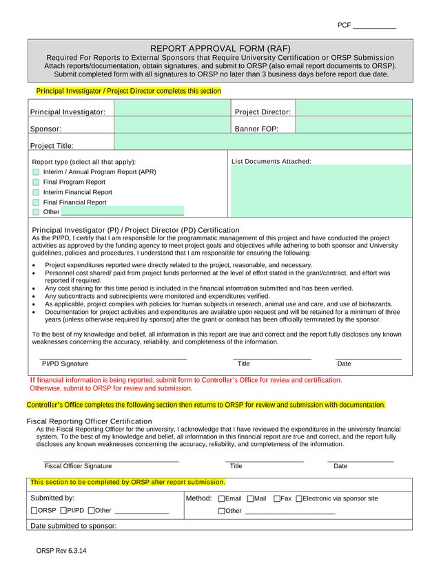 Report Approval Form (RAF) screenshot