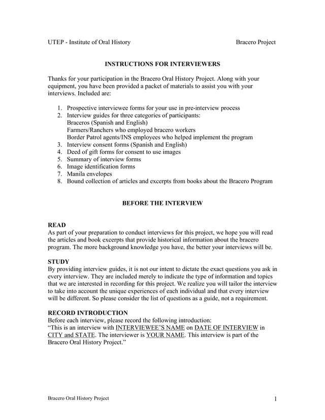 Bracero Oral History Project   Instructions For Interviewers screenshot