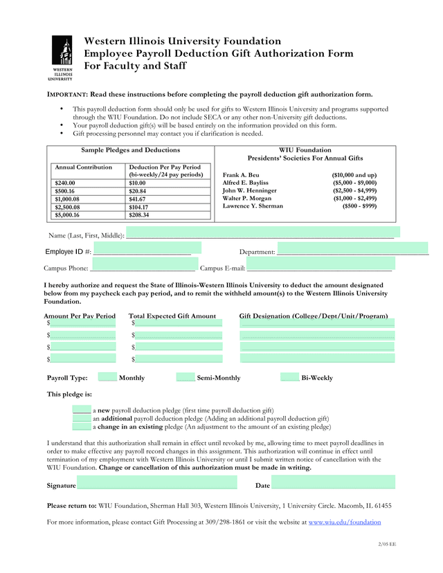 Employee Payroll Deduction Gift Authorization Form screenshot