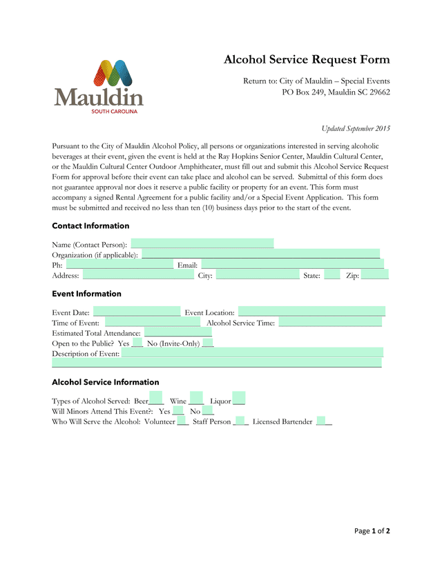 Alcohol Service Request Form screenshot