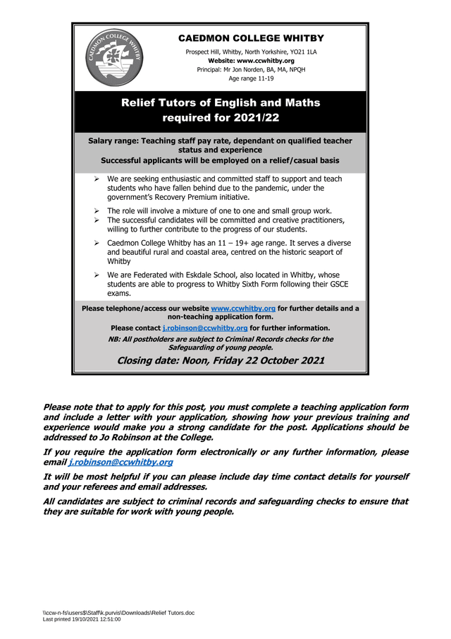 Relief Tutors Of English And Maths Required For 202122 screenshot