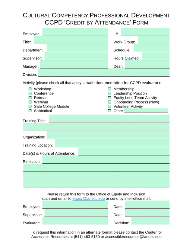 Cultural Competency Professional Development (CCPD) Credit By Attendance Form screenshot