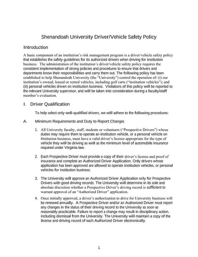 Shenandoah University DriverVehicle Safety Policy screenshot