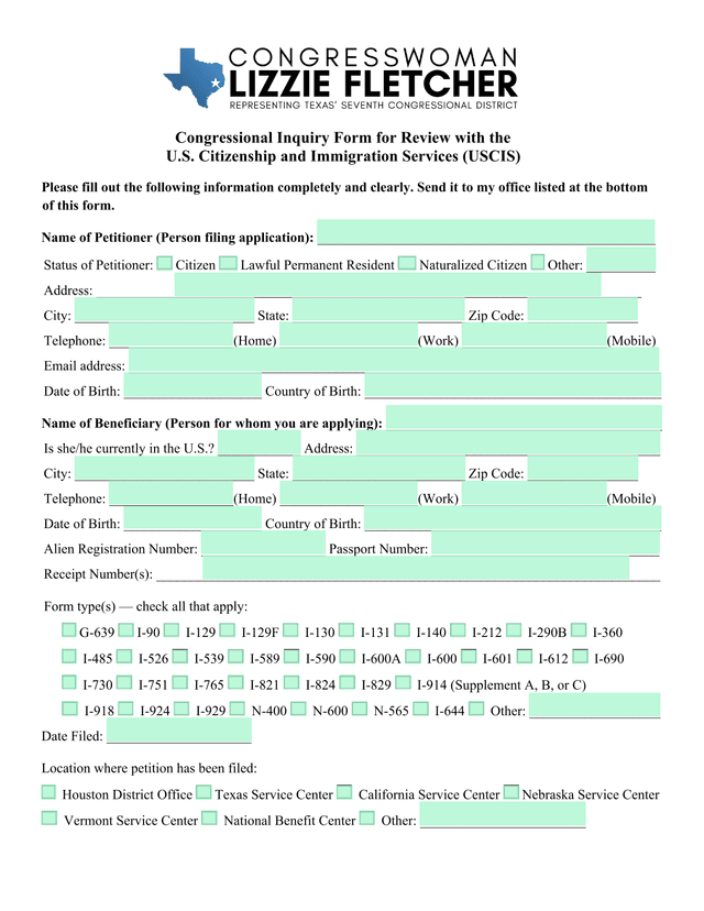 Congressional Inquiry Form For Review With The U.S. Citizenship And Immigration Services (USCIS) screenshot