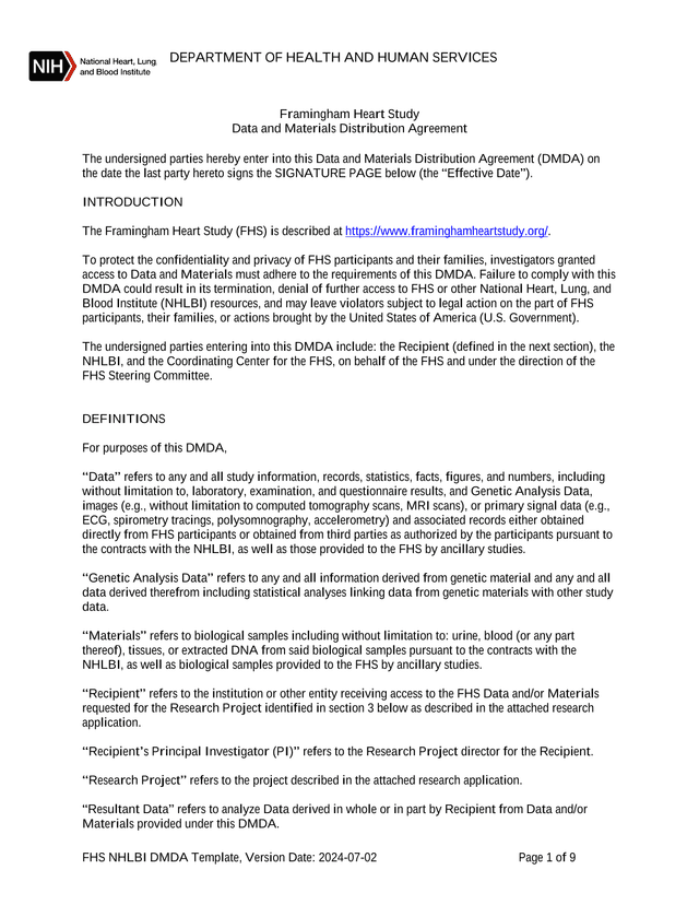 Framingham Heart Study Data And Materials Distribution Agreement screenshot